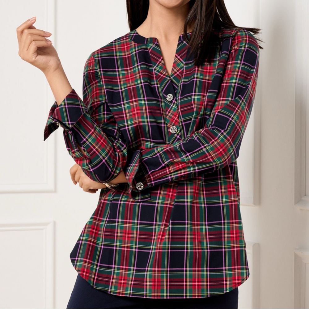 Talbots NWT Band Collar Tunic Dashing Plaid Tartan Holiday Christmas Top Size 1X